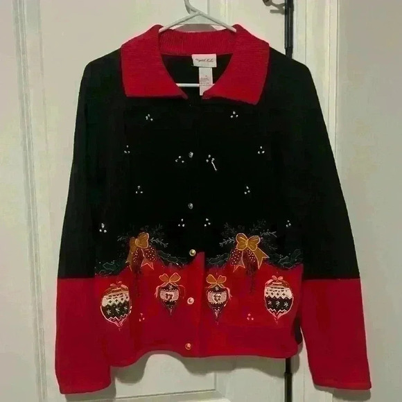 Vintage Ugly Christmas Button Down Sweater size Medium w beaded detail 80’s 90’s - Picture 1 of 8